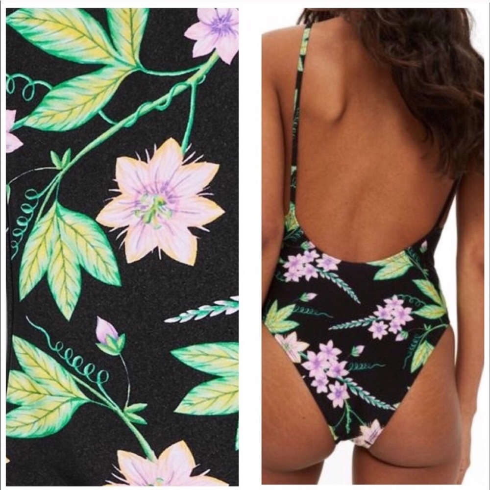 Topshop Tropical Floral One Piece Swimsuit Black - Picture 2 of 7